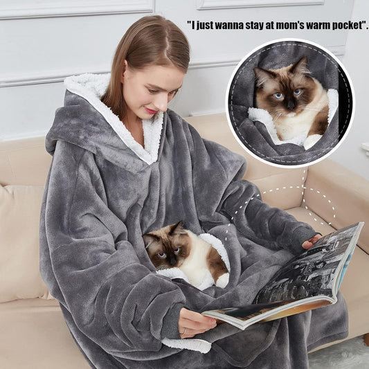 Wearable Blanket Hoodie with Giant Pocket (Pet Won't Leave) Extra Soft Sherpa Fleece Thick Warm & Cozy Oversized Sweatshirt Blanket Jacket with Sleeves-Grey