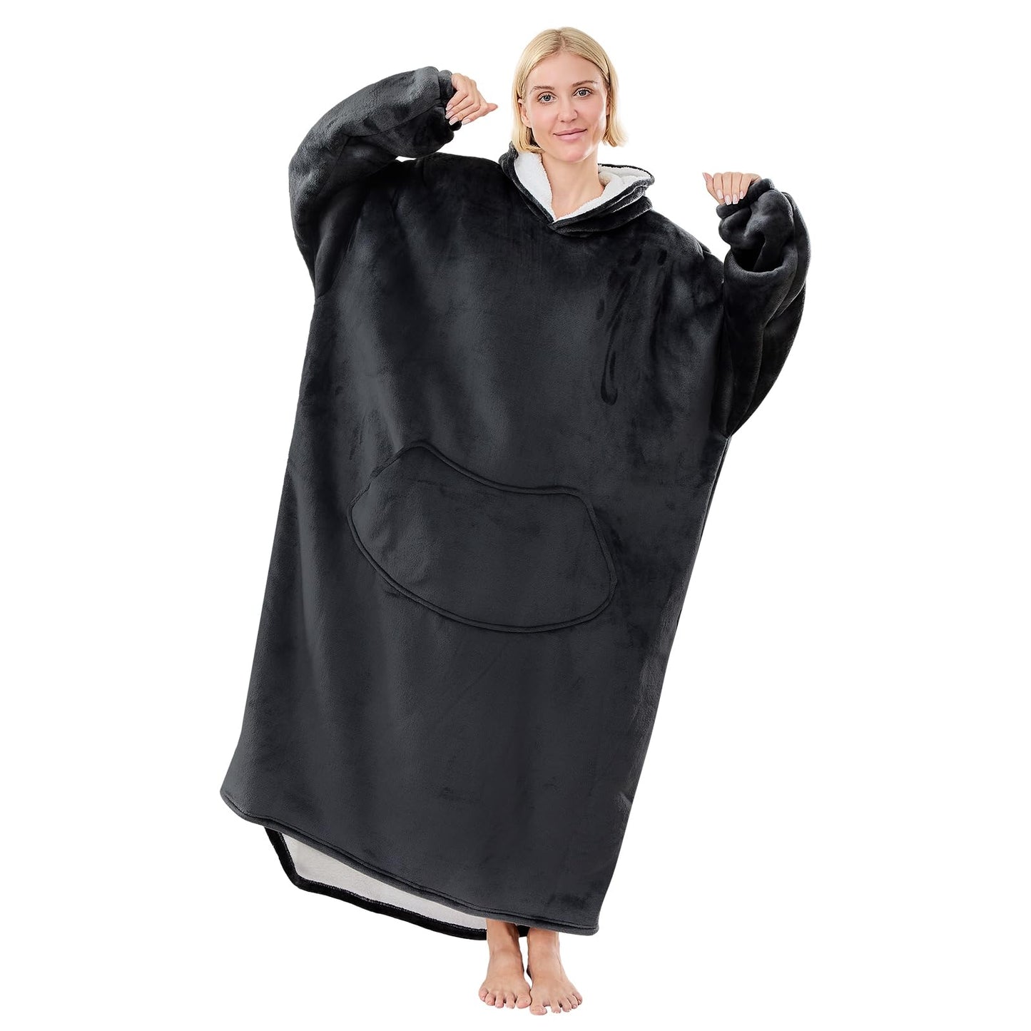 Moinlizy Wearable Blanket Hoodie, Long Thick Hooded Blanket Oversized for Adults Women Men with Pocket and Sleeves