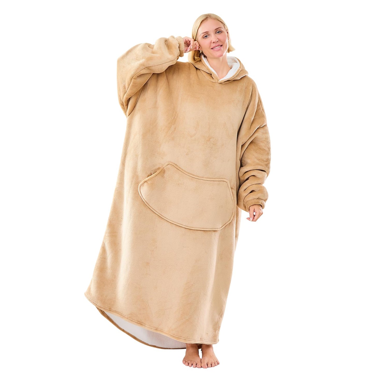 Moinlizy Wearable Blanket Hoodie, Long Thick Hooded Blanket Oversized for Adults Women Men with Pocket and Sleeves