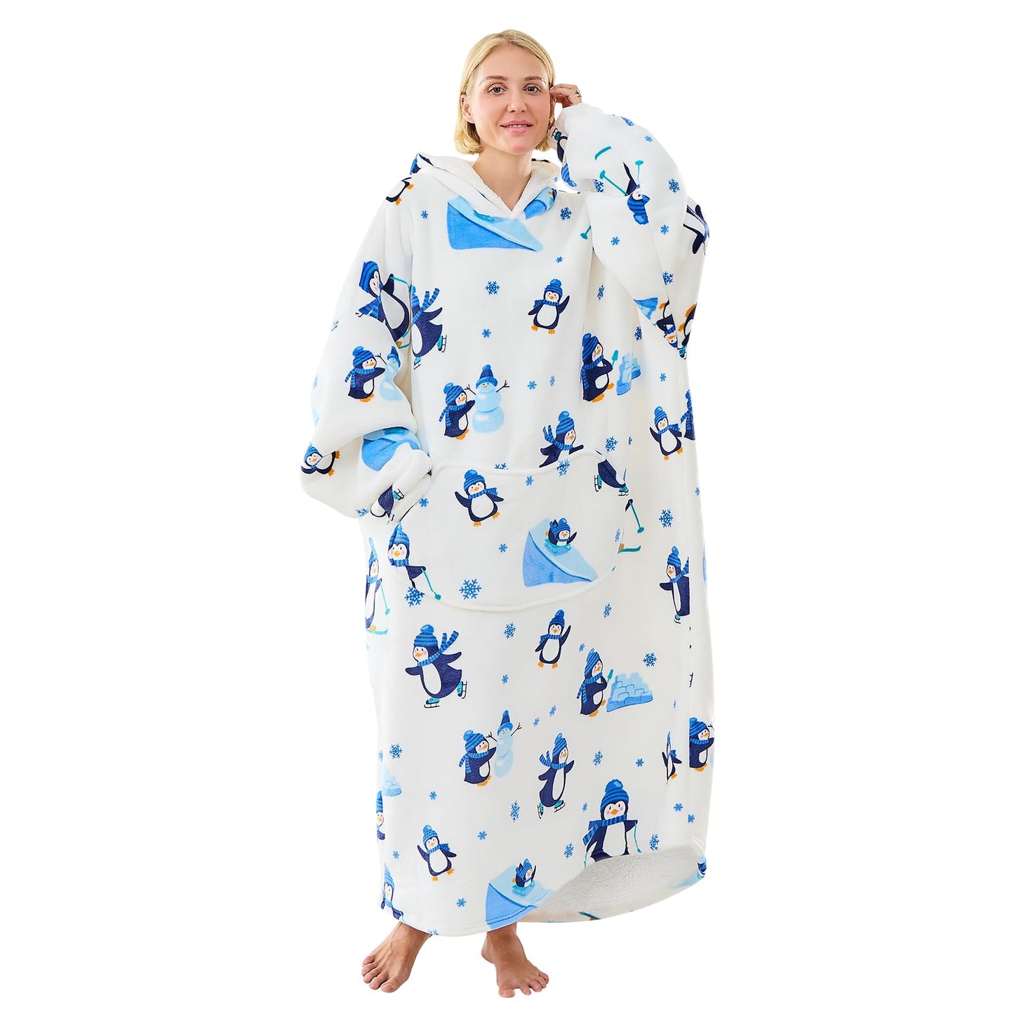 Moinlizy Wearable Blanket Hoodie, Long Thick Hooded Blanket Oversized for Adults Women Men with Pocket and Sleeves