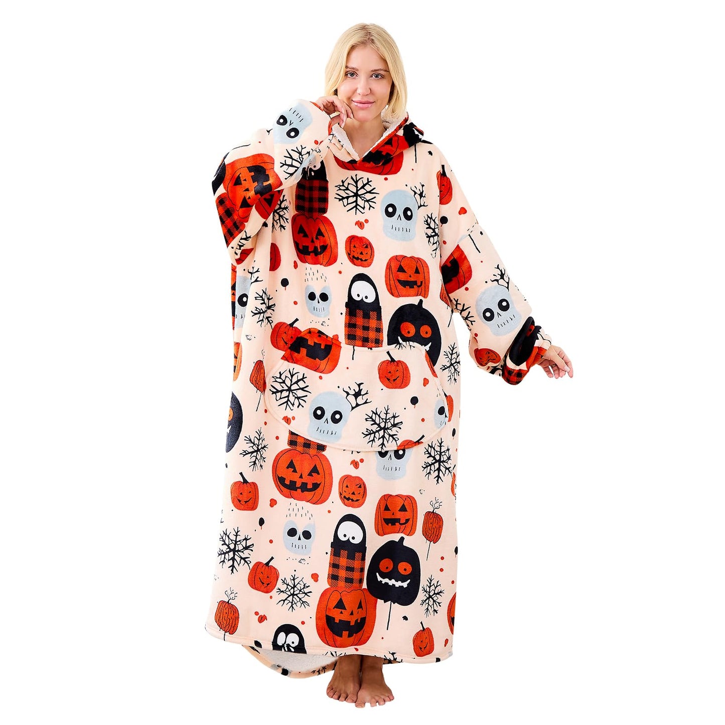 Moinlizy Wearable Blanket Hoodie, Long Thick Hooded Blanket Oversized for Adults Women Men with Pocket and Sleeves