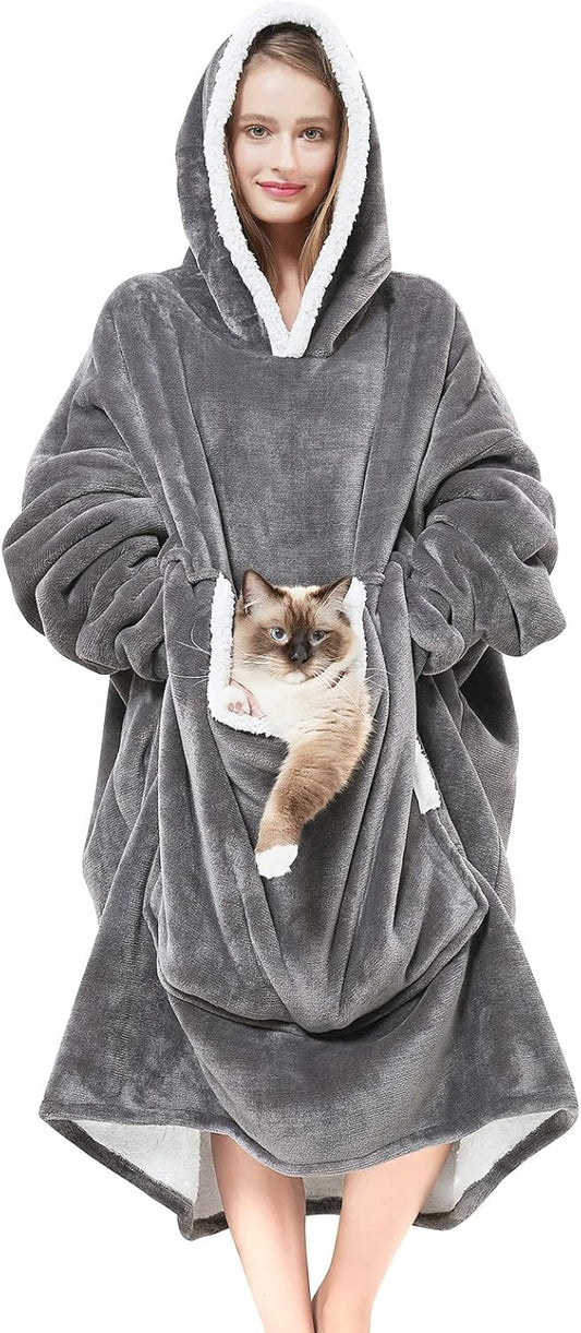 Wearable Blanket Hoodie with Giant Pocket （Pet Won't Leave） Extra Soft Sherpa Fleece Thick Warm ＆ Cozy Oversized Sweatshirt Blanket Jacket with Sleeves-Grey