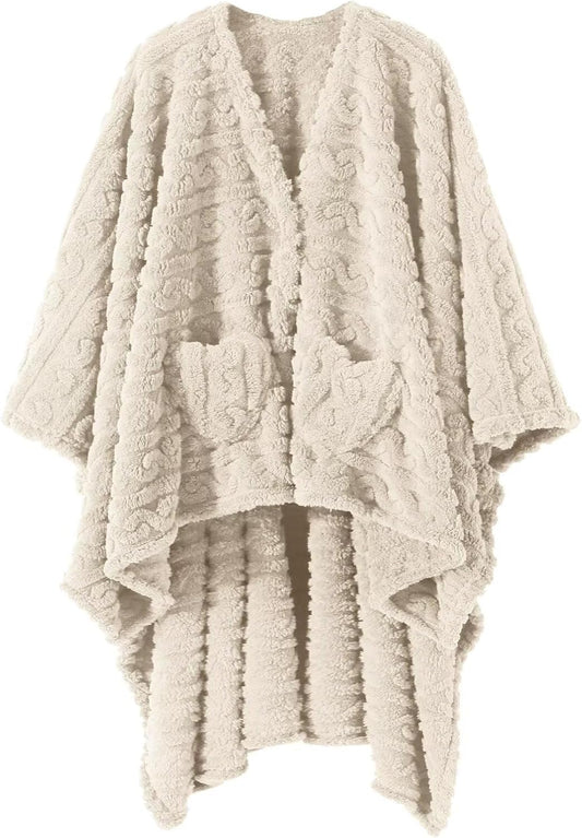 Wearable Blanket Sherpa Fleece Shawl Blanket with Pockets Blanket Poncho Cape for Adults, Cozy Shawl TV Throw Blankets