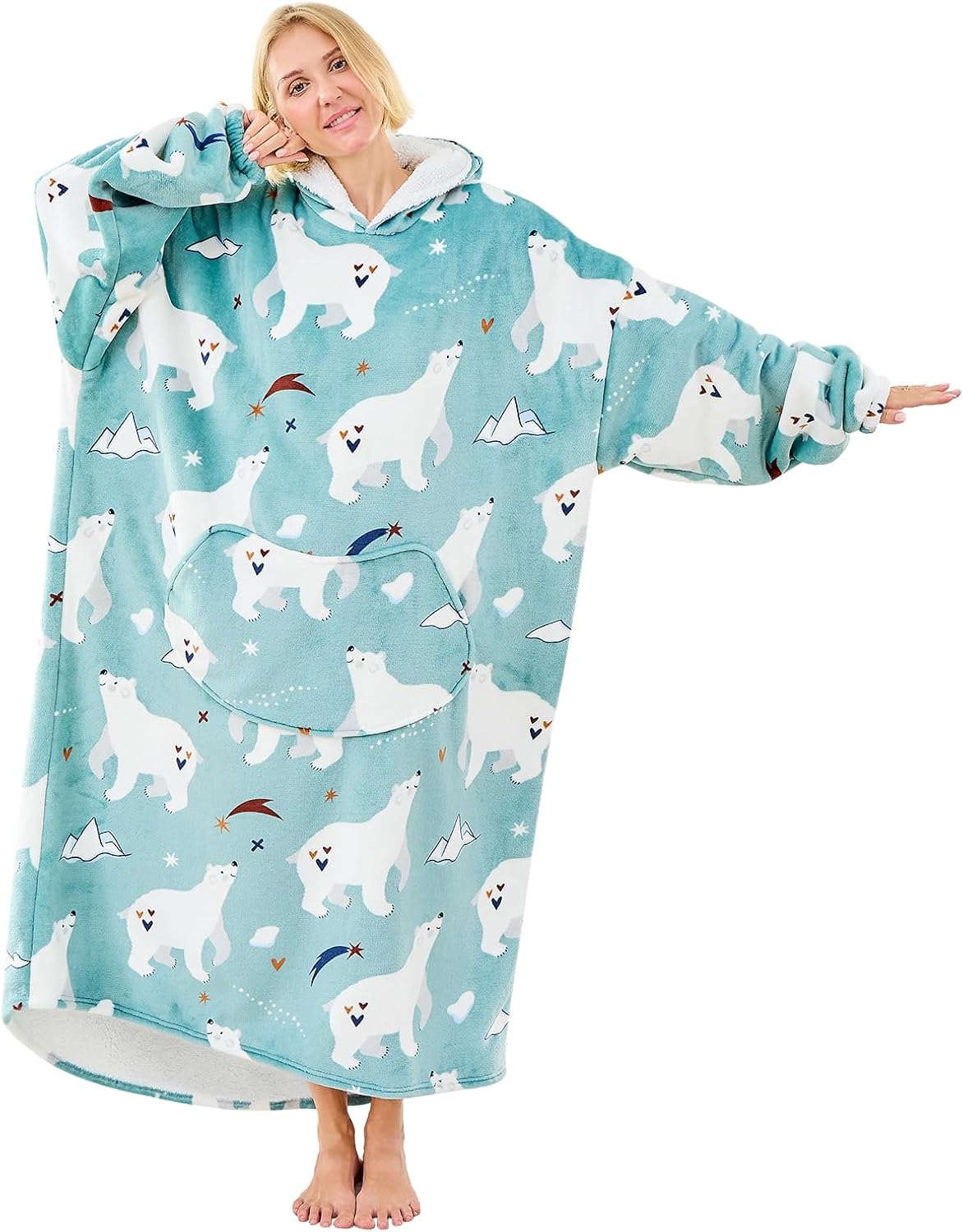 Moinlizy Wearable Blanket Hoodie, Long Thick Hooded Blanket Oversized for Adults Women Men with Pocket and Sleeves