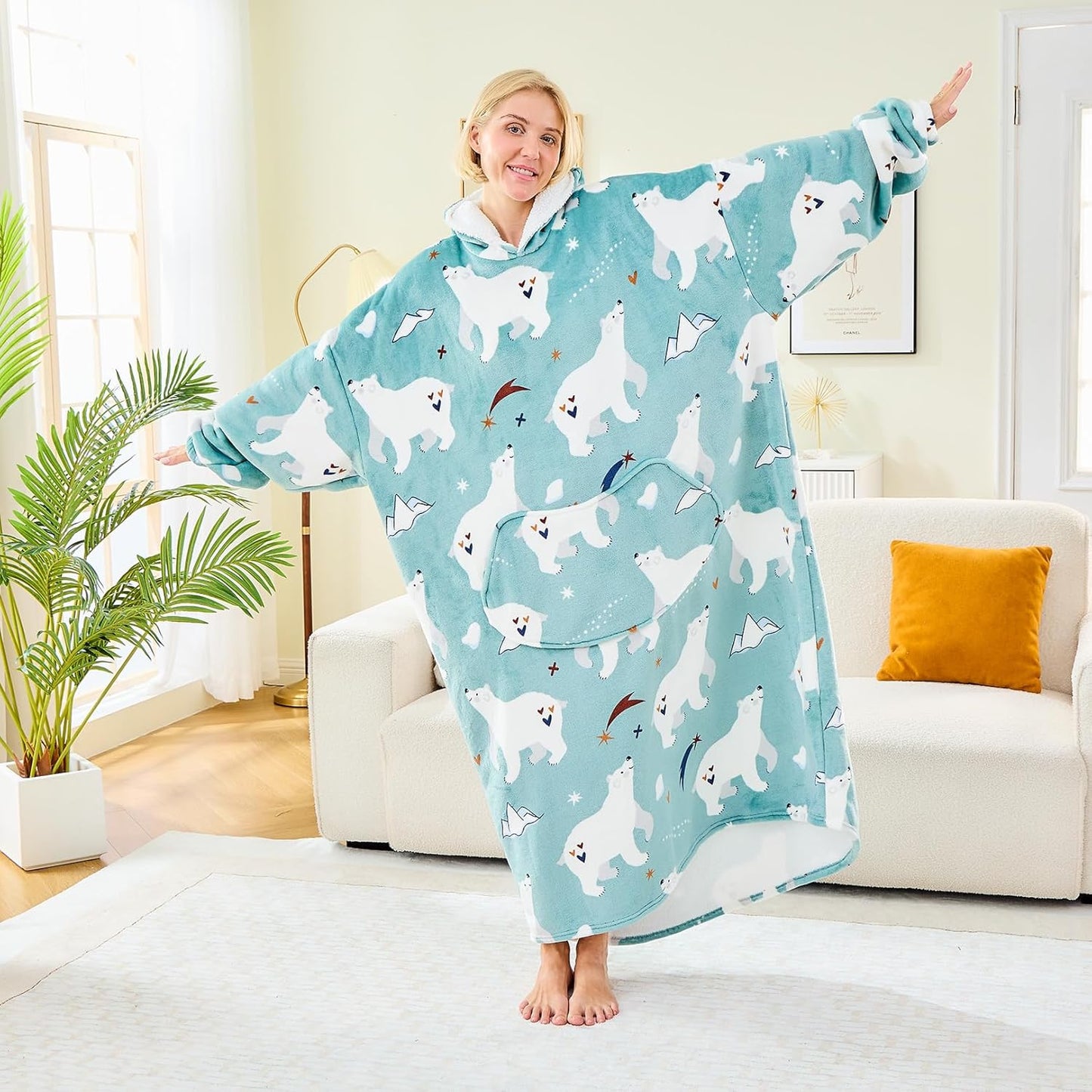 Moinlizy Wearable Blanket Hoodie, Long Thick Hooded Blanket Oversized for Adults Women Men with Pocket and Sleeves