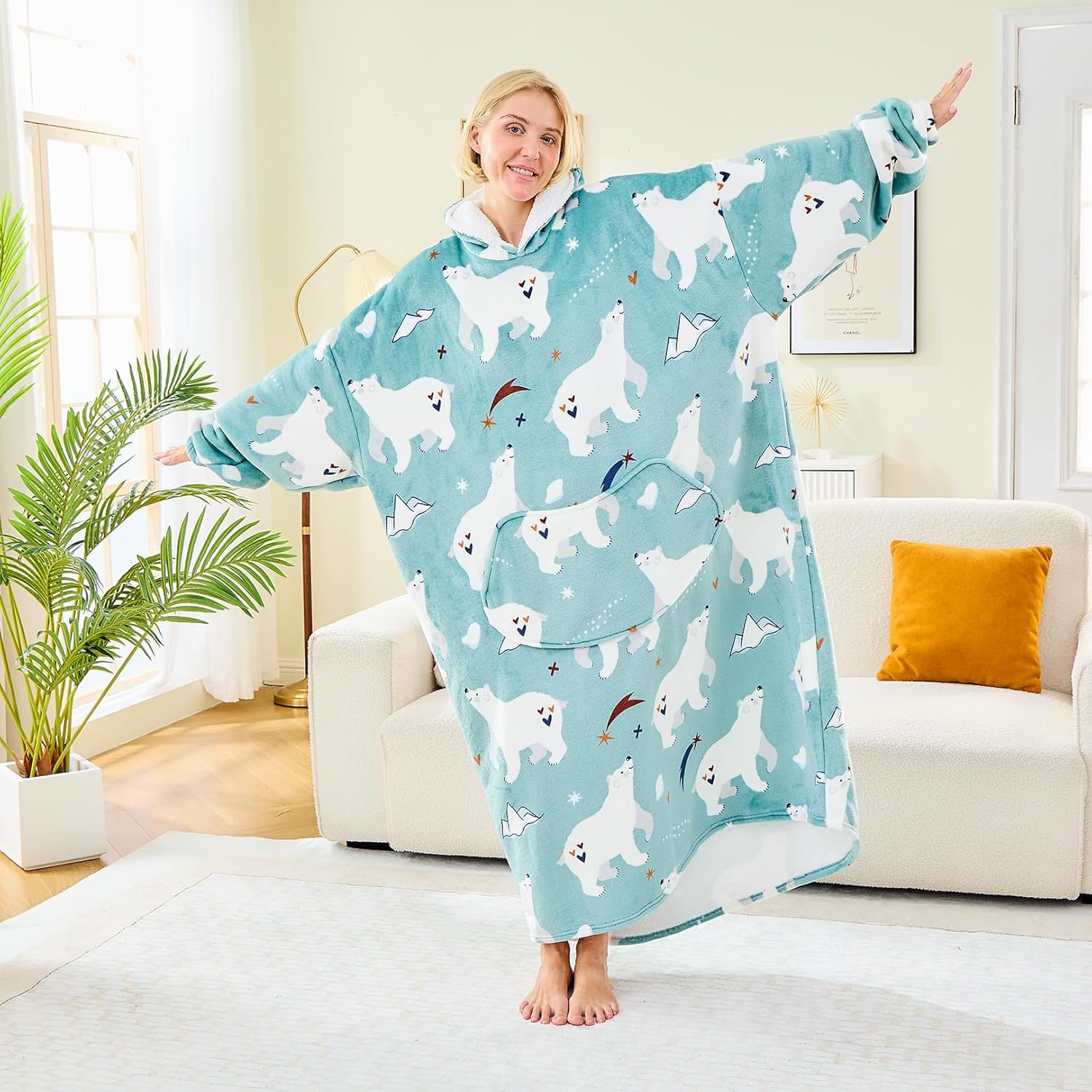 Moinlizy Wearable Blanket Hoodie, Long Thick Hooded Blanket Oversized for Adults Women Men with Pocket and Sleeves