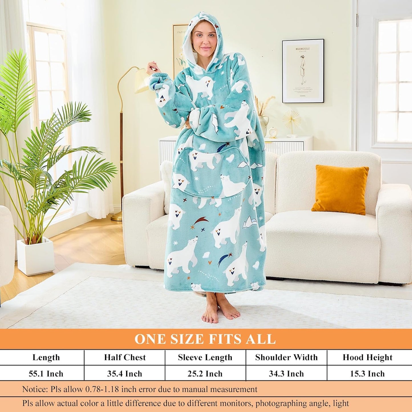 Moinlizy Wearable Blanket Hoodie, Long Thick Hooded Blanket Oversized for Adults Women Men with Pocket and Sleeves