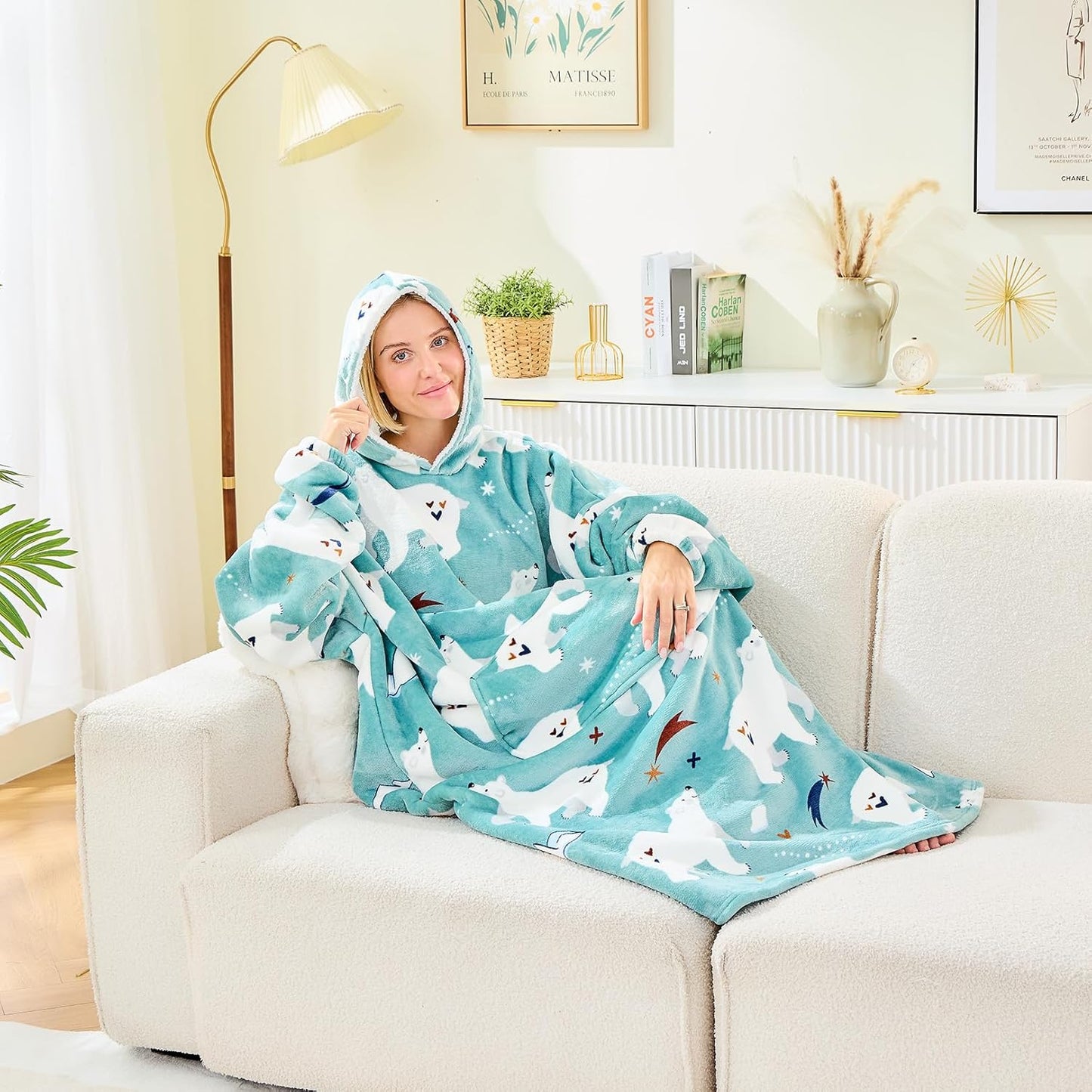 Moinlizy Wearable Blanket Hoodie, Long Thick Hooded Blanket Oversized for Adults Women Men with Pocket and Sleeves