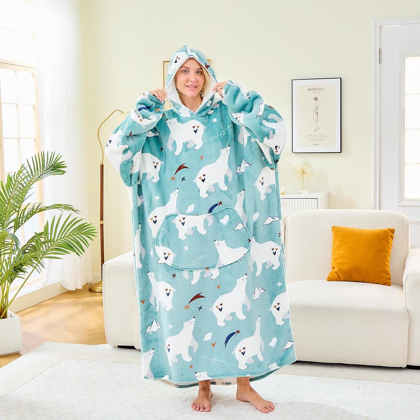 Moinlizy Wearable Blanket Hoodie, Long Thick Hooded Blanket Oversized for Adults Women Men with Pocket and Sleeves