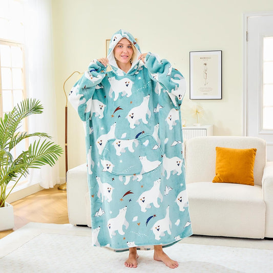 Moinlizy Wearable Blanket Hoodie, Long Thick Hooded Blanket Oversized for Adults Women Men with Pocket and Sleeves
