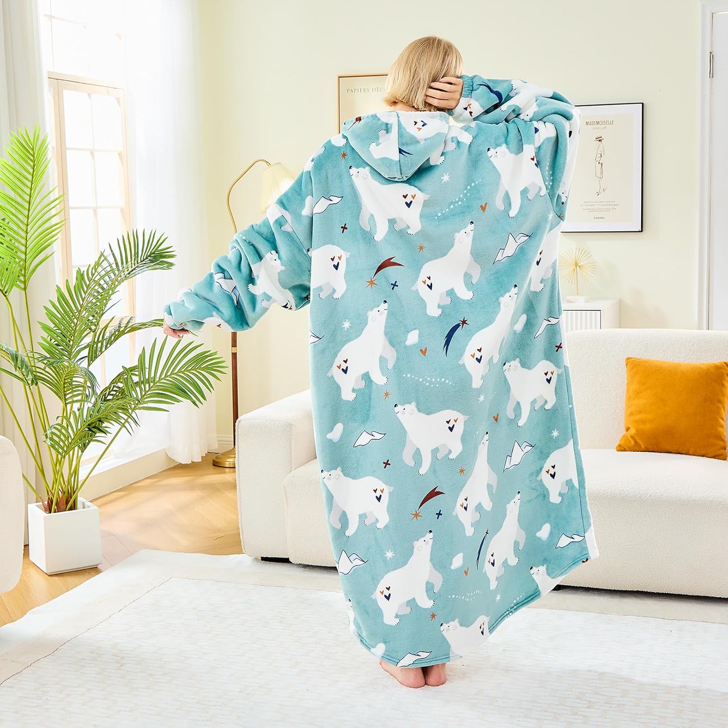 Moinlizy Wearable Blanket Hoodie, Long Thick Hooded Blanket Oversized for Adults Women Men with Pocket and Sleeves